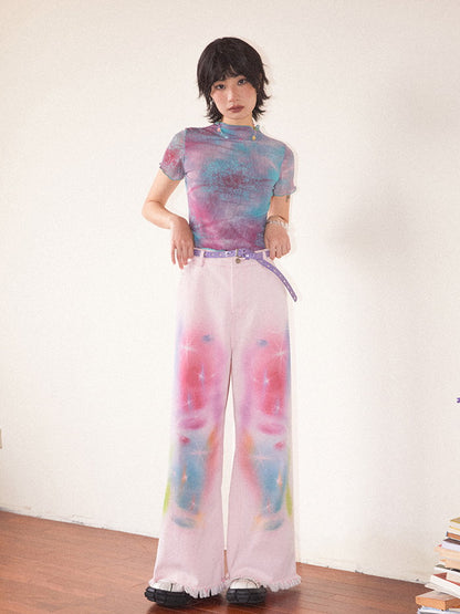 Tie-Dye Pale-Tone Damage Cotton-Candy Tassel Casual Straight Denim-Pants