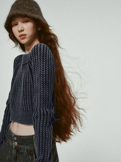 Denim-Blue Short Cable-Knit Retro Round-Neck Tops