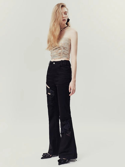 Nichi Lace Mesh Flower High-Waist Flare-Pants