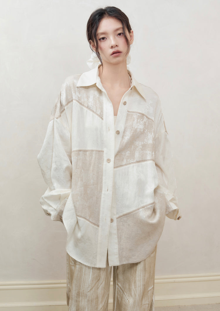 Set-Up Oversize Patchwork Asymmetry Chic Shirt＆Long-Skirt