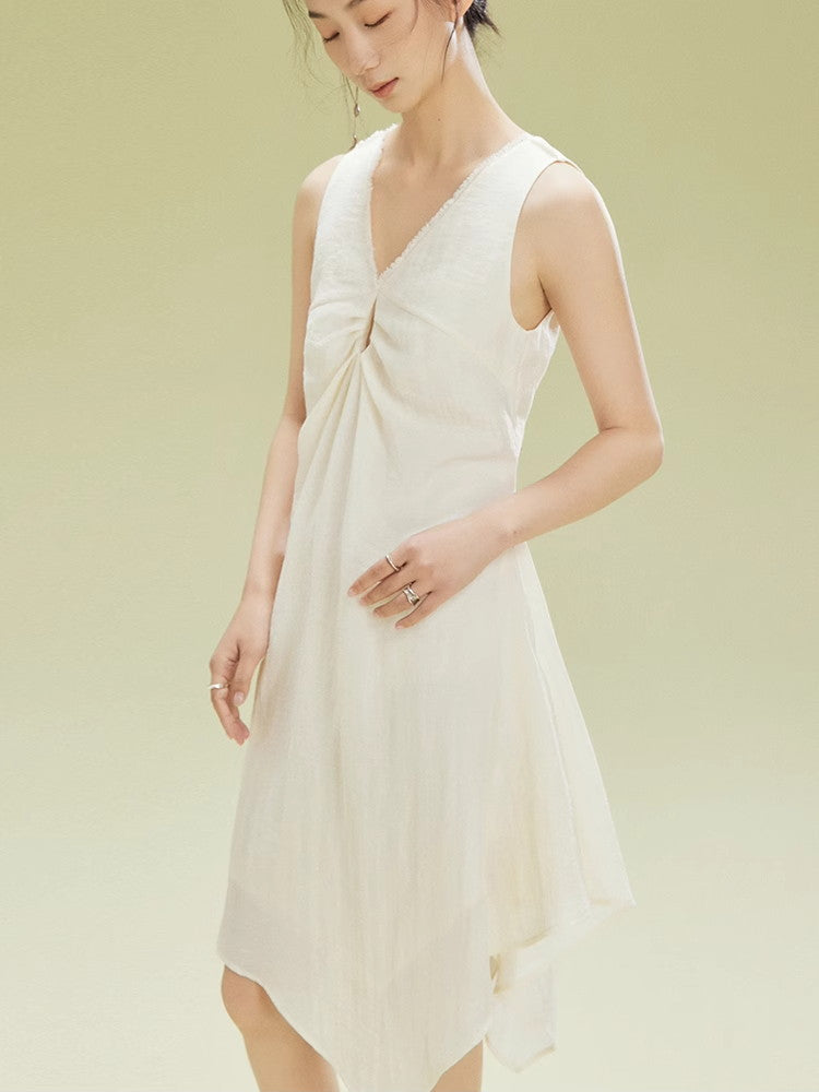 Twist Bo-Sleeve Gather Asymmetry Sheer Dress