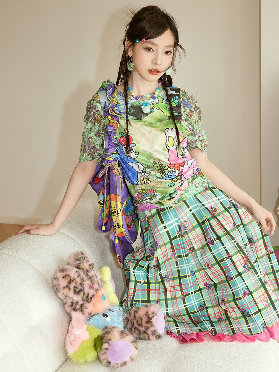 Checked Embroidery Bear Animal Tiered Fancy Flare-Skirt