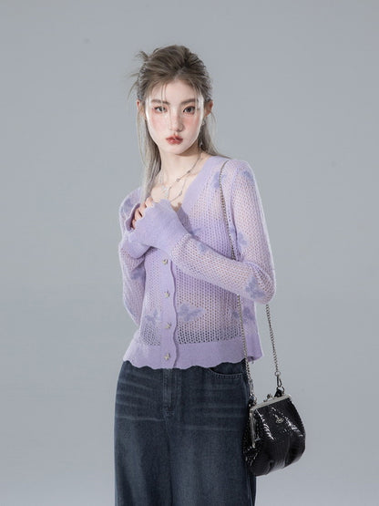 Butterfly Knit V-Neck Mesh Retro Cardigan