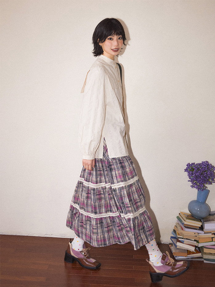 Checked Tiered Retro Girly Flare Lace Long-Skirt