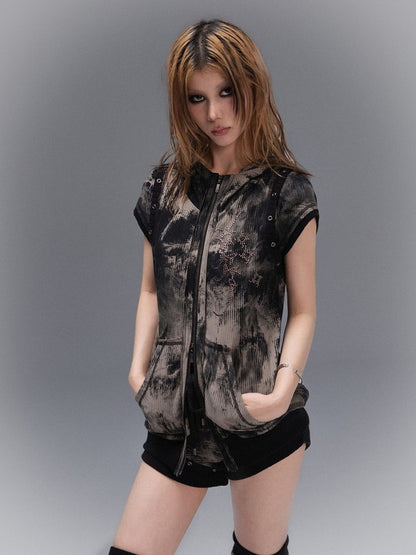 Tie-Dye Hoodie No-Sleeve Stud Vintage Tops