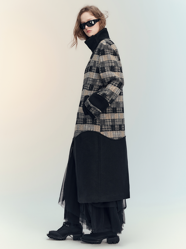 Patchwork Retro Stand-Collar Coat Long-Jacket