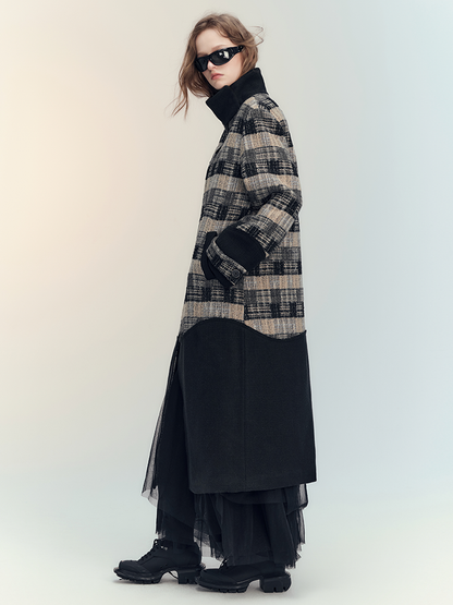 Patchwork Retro Stand-Collar Coat Long-Jacket