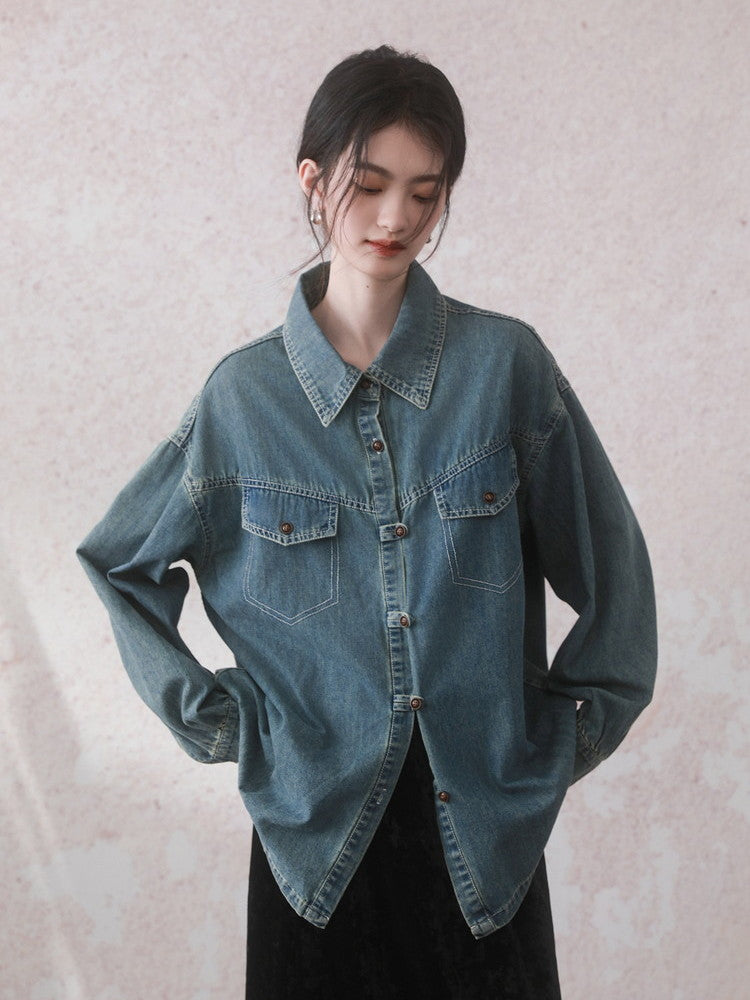 Casual Vintage Oversize Drop-Shoulder Denim-Jacket