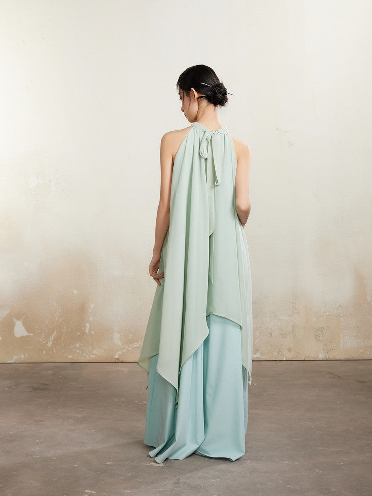 Refreshing American-Sleeve Long Layered Dlare Long Plain Dress