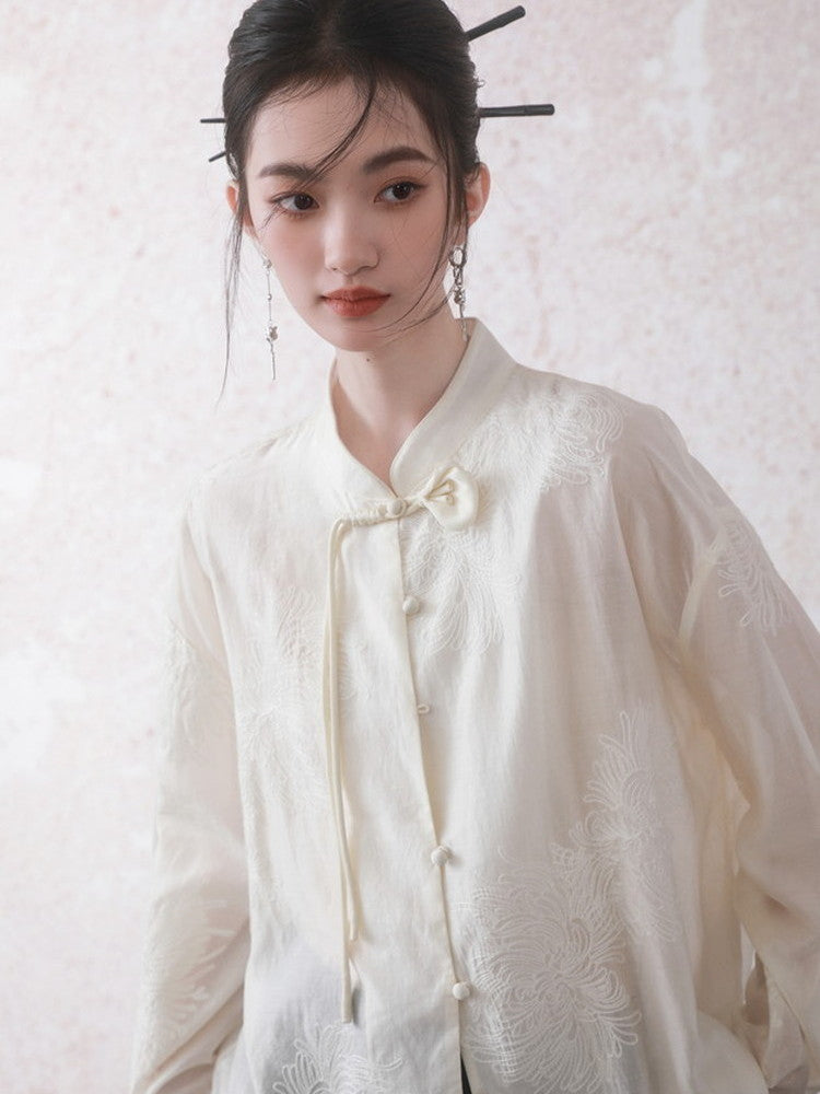 China Oversize See-Through Flower Embroidery Blouse