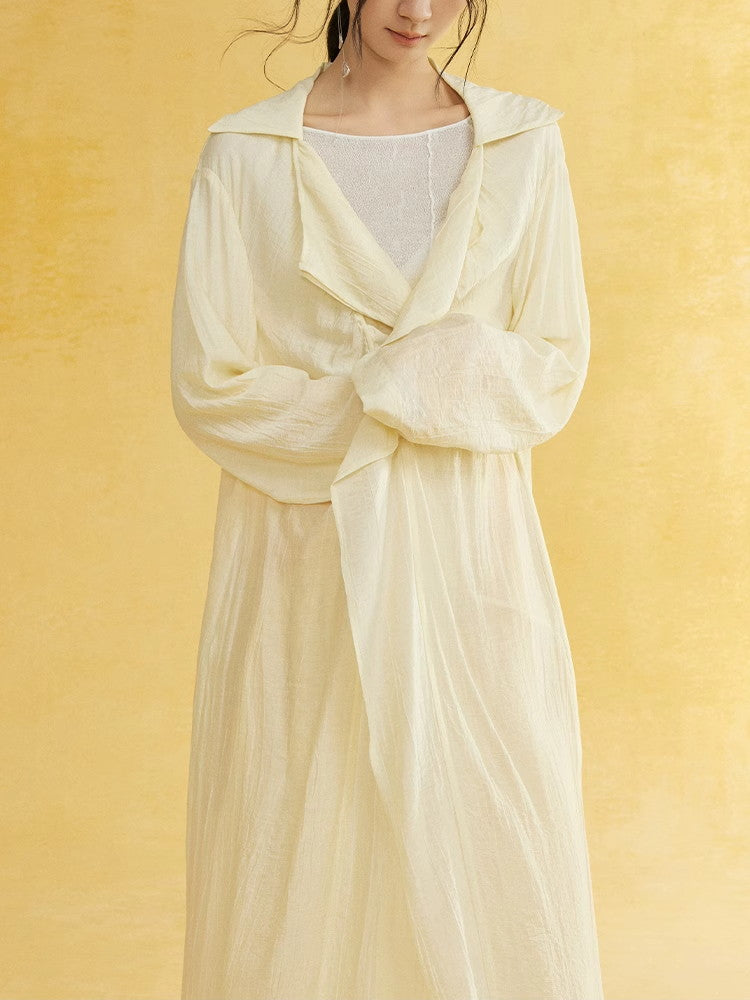 Retro Sheer Oversize Ruffle Wrinkled Long-Cardigan