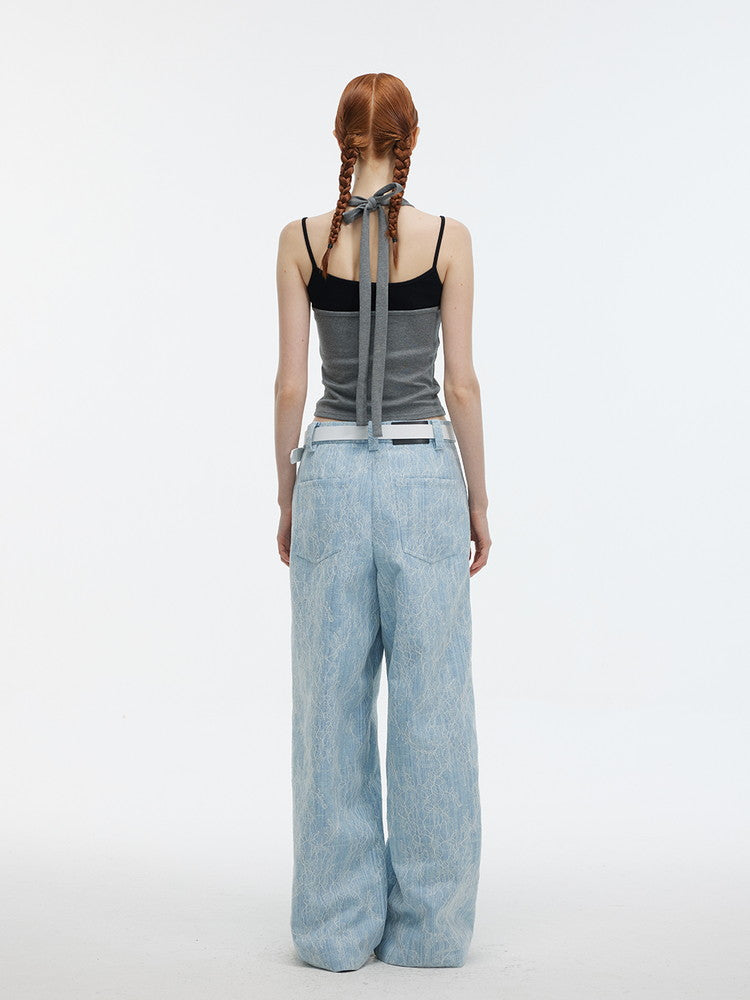 Denim Embroidery Flower Wide-Leg Casual Pants