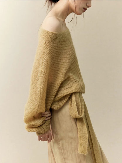 Long-Tie Fluffily Loose Off-Shoulder Classy Mohair-Knit