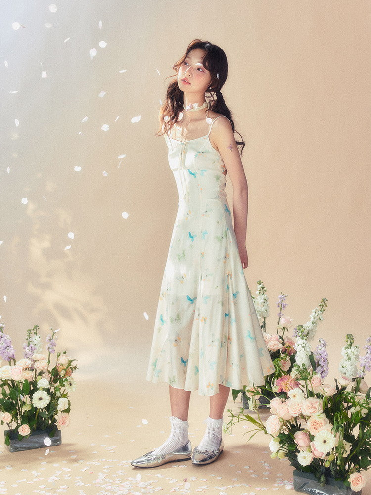 Butterfly Watercolor Camisole Retro Long Dress