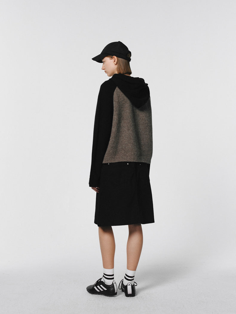 Knit Hoddie Bi-Color Simple Parlka Wool-Tops