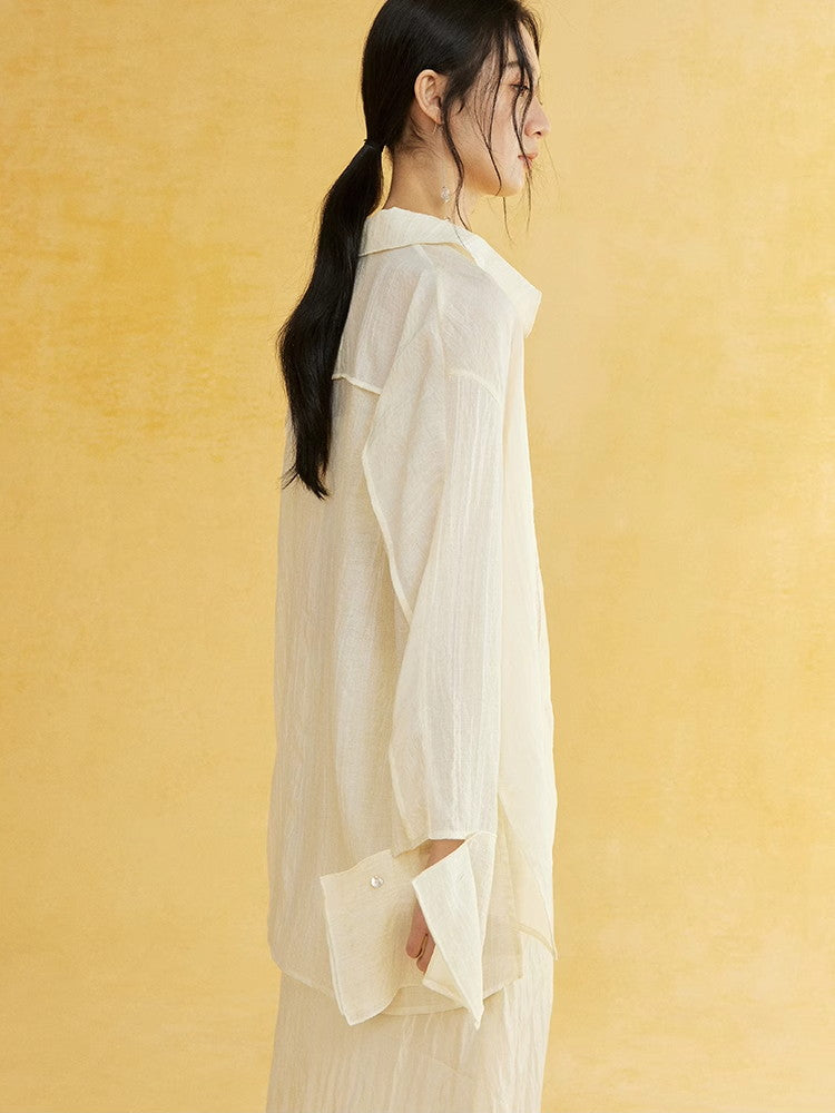 Side-Button Natural Sheer Oversuze Shirt