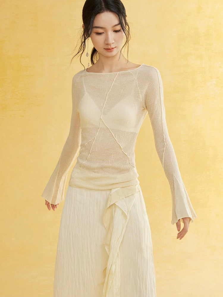 Thin Flare-Sleeve Gradation Chic Nichi Boat-Neck Tight Knit