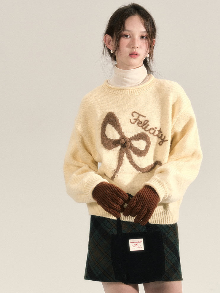 Ribbon Cute Crew-Neck Sweater Knit