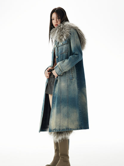 Nichi Fur-Collar Long Faded Casual Denim-Coat