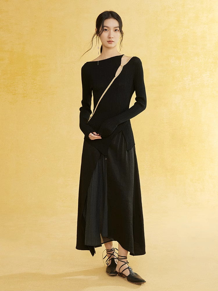 Asymmetry Nichi Slim Slit Casual Unique Rib-Knit