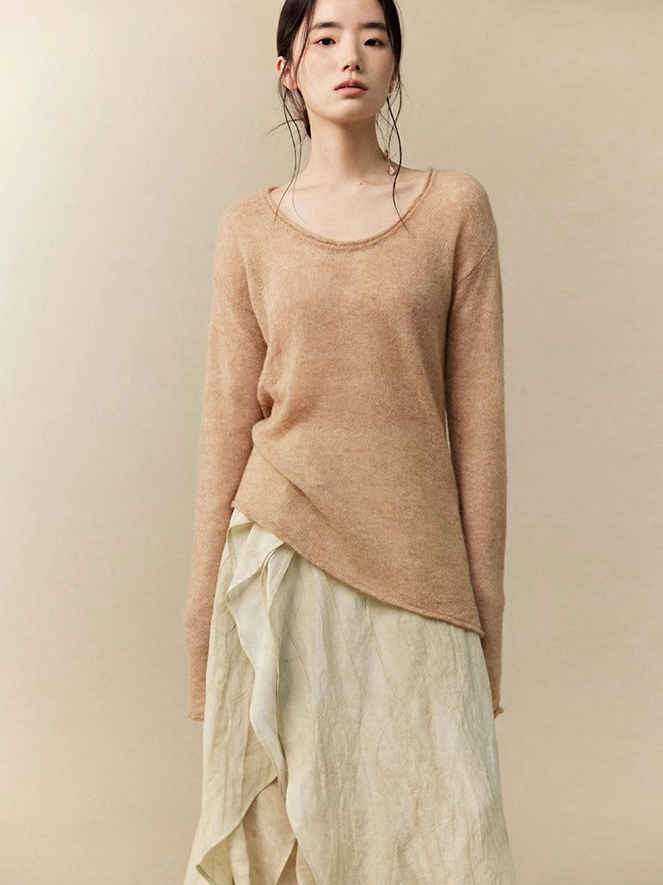 Asymmetry U-Neck Slim Simple Thin Classy Knit