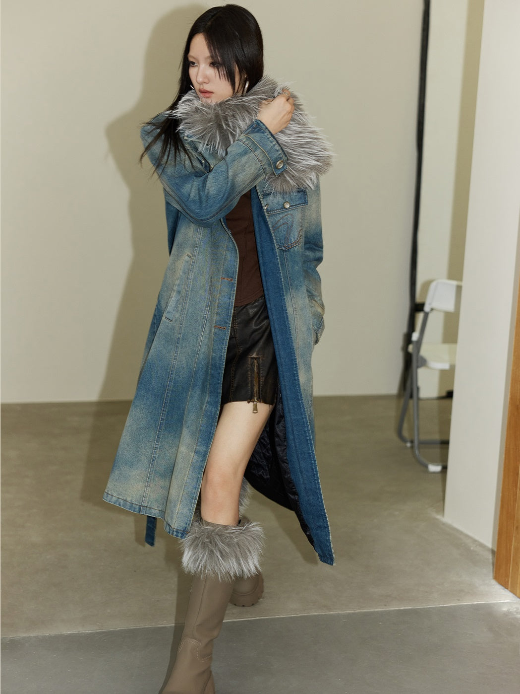 Nichi Fur-Collar Long Faded Casual Denim-Coat