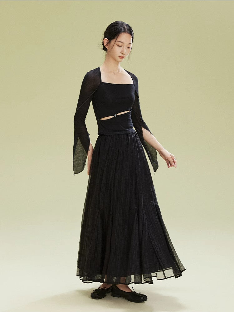 Ciffon Tiered Volume Simple Flare Long-Skirt