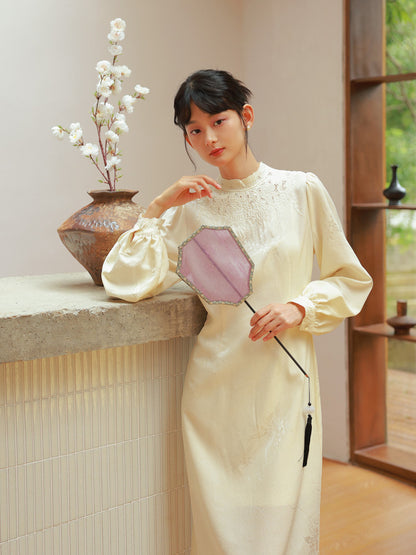 Embroidery China Mao-Collar Balloon-Sleeve Formal One-Piece