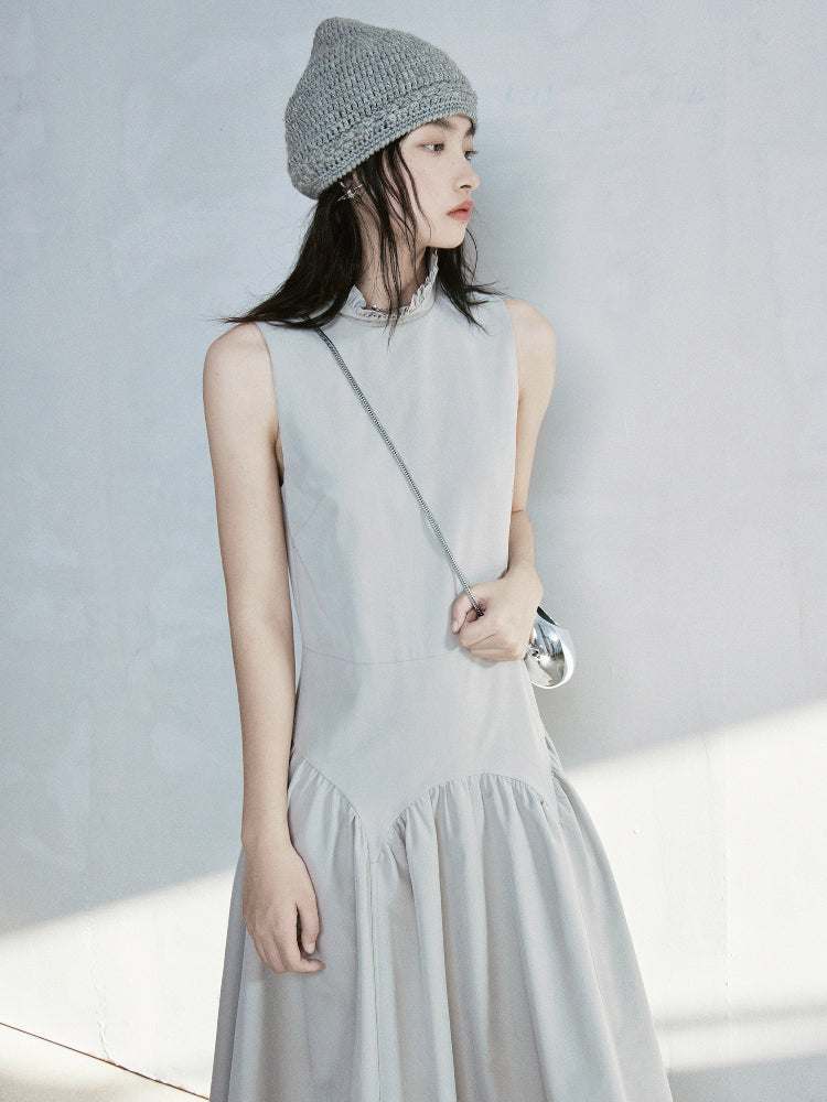 Stand-Collar Long Gather Sleeveless One-Piece