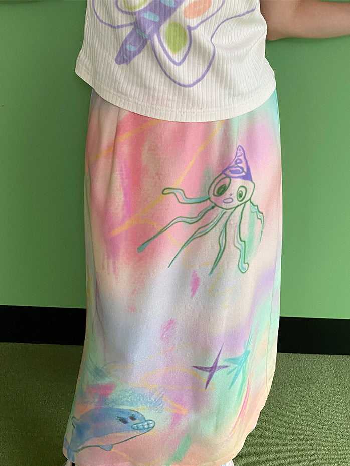 Marble Handwrite Unique Crayon Long-Skirt