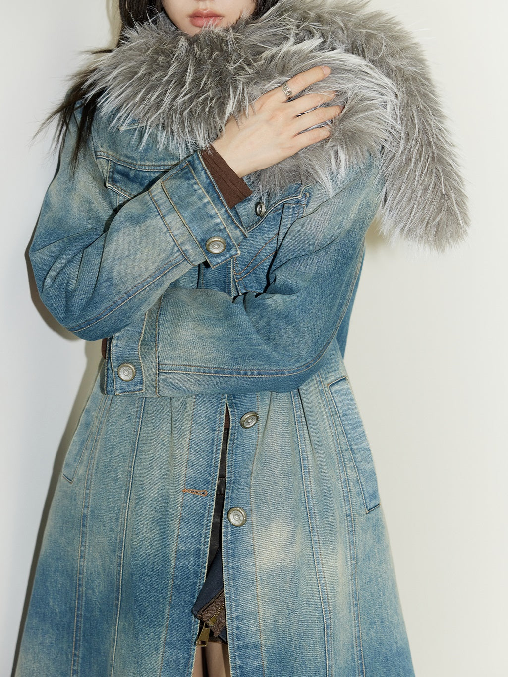 Nichi Fur-Collar Long Faded Casual Denim-Coat