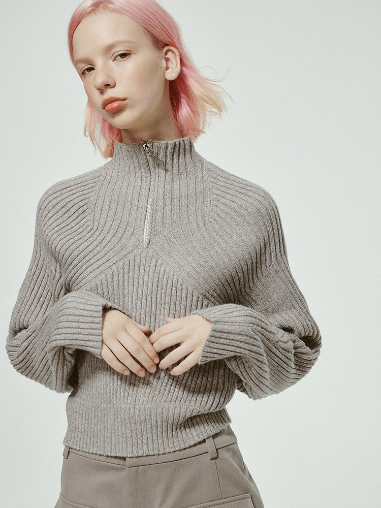 High-Neck Simple Plain Half-Zip Rib-Knit