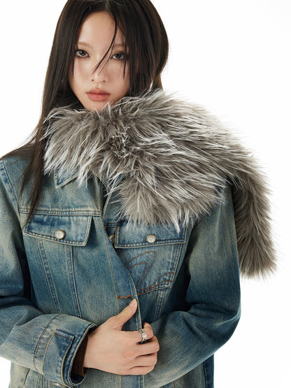 Nichi Fur-Colar Long Faded Casual Denim-coat