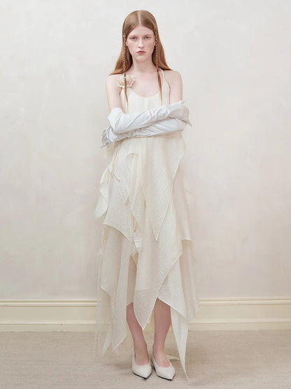 Long Back-Open Asymmetry Fluffily Natural Dress