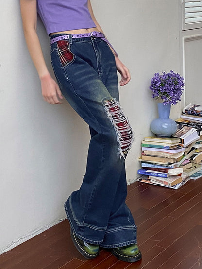 Crash Damage Wide-Leg Casual Denim Pants