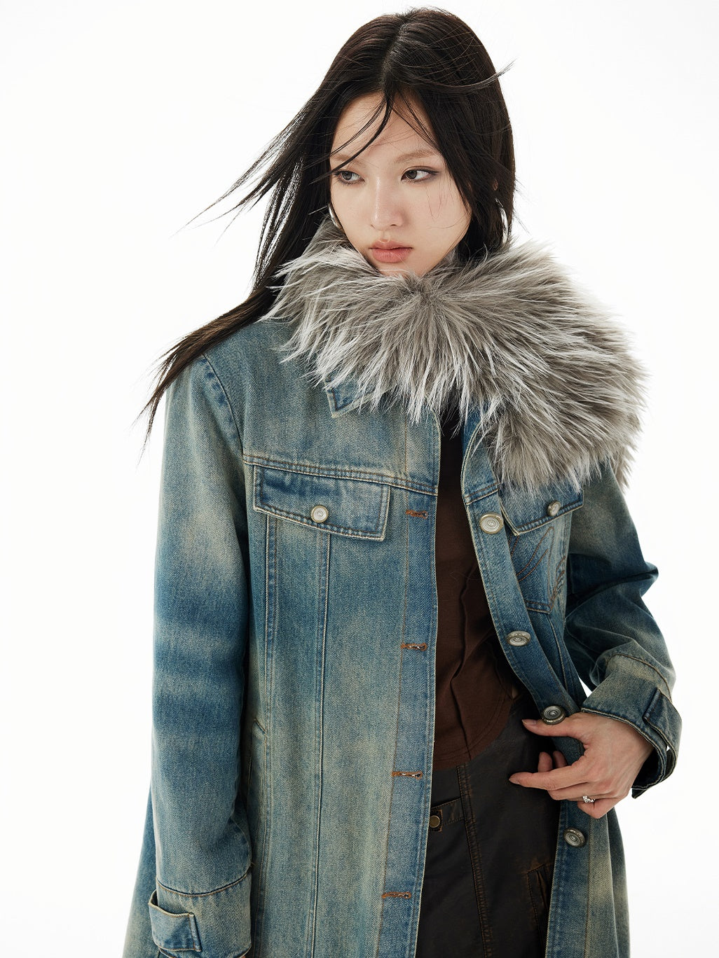 Nichi Fur-Collar Long Faded Casual Denim-Coat