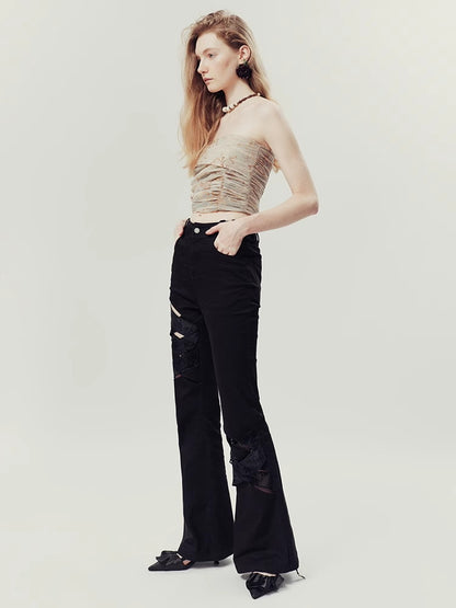 Nichi Lace Mesh Flower High-Waist Flare-Pants