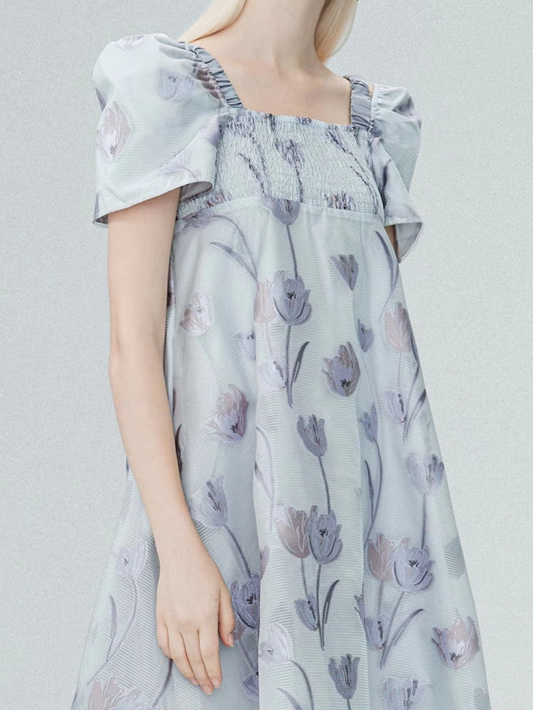 Flare Ciffon Puff-Sleeve Flower Sheer Square-Neck Dress