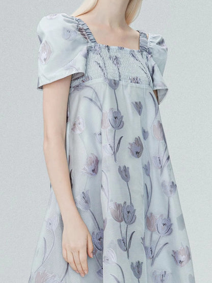 Flare Ciffon Puff-Sleeve Flower Sheer Square-Neck Dress