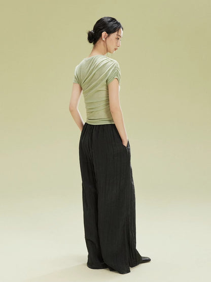 Crumply Wrinkled Casual Loose Relax Wide-Pants