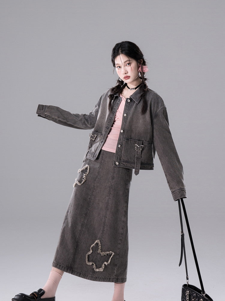 Shirt＆Long-Skirt Demin Butterfly Tassel Vintage Set-Up