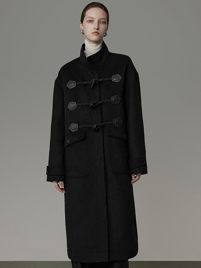 Wool Long Simple Stand-Collar Duffel-Coat