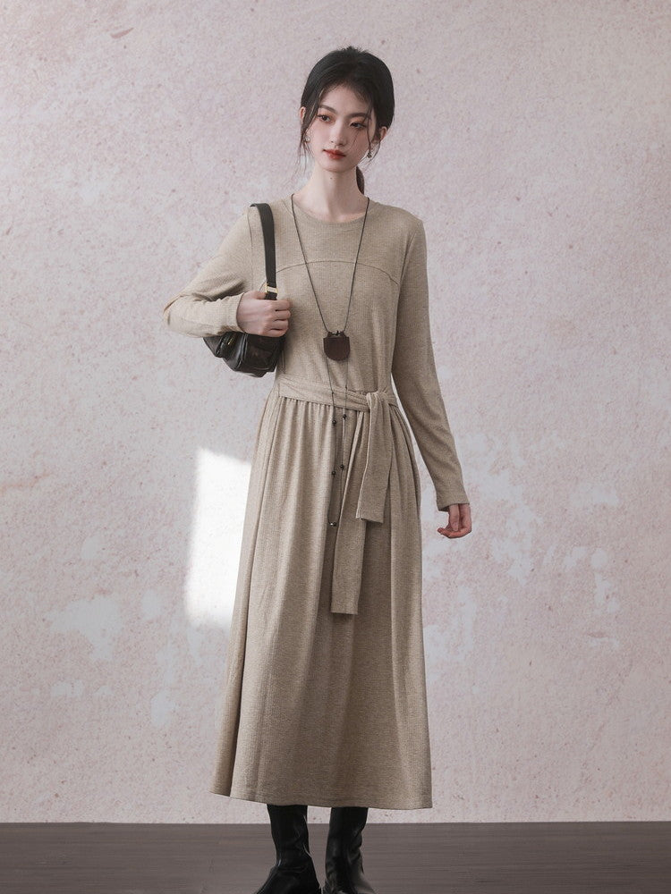 Knit Crew-Neck Long-Sleeve Chic Dress