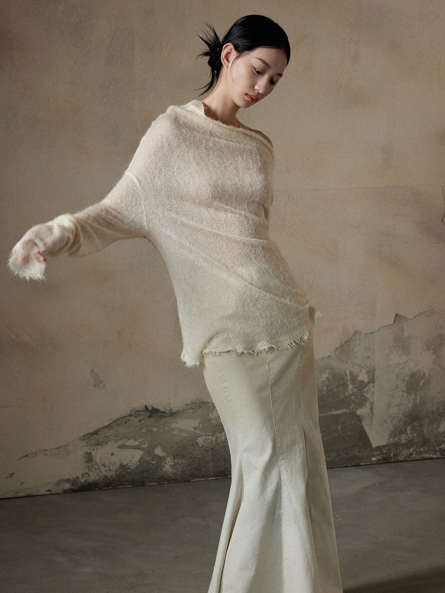 Thin Asymmetry One-Shoulder Soft Mohair-Knit