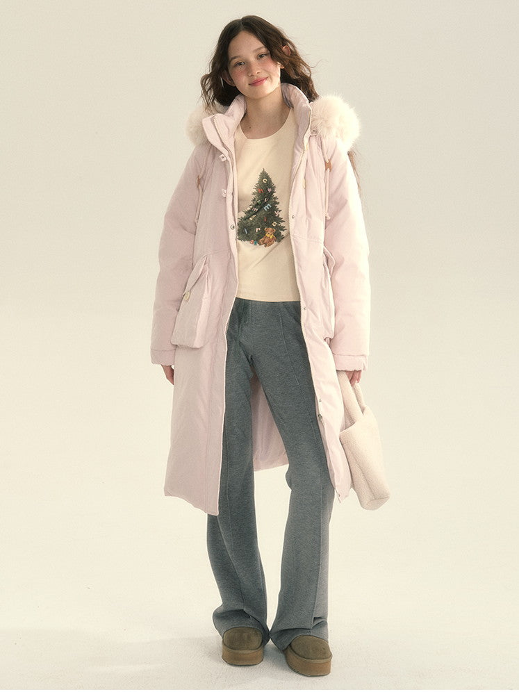 Fur-Hood Cotton Plain Simple Chic Down-Coat