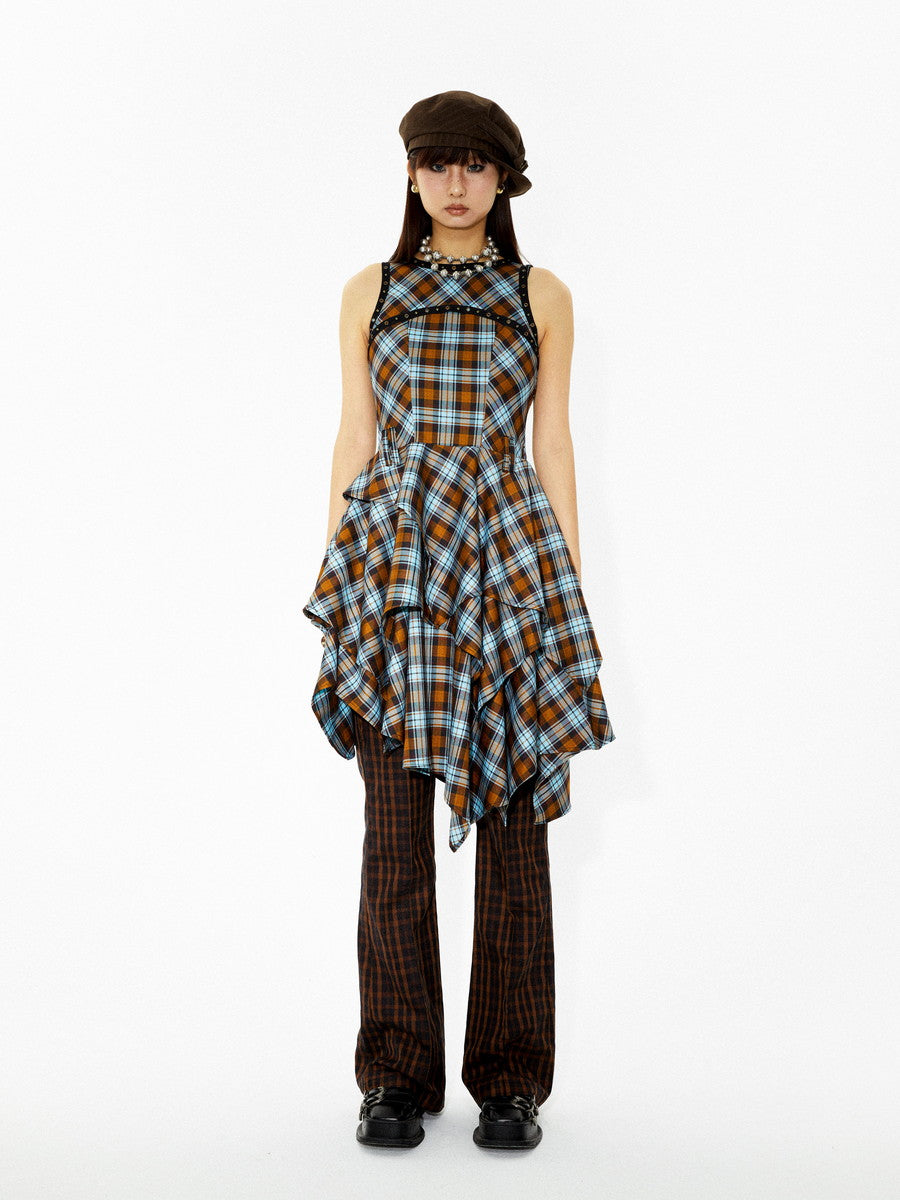 Checked Asymmetry Hem-Skirt Fluffiy One-Piece