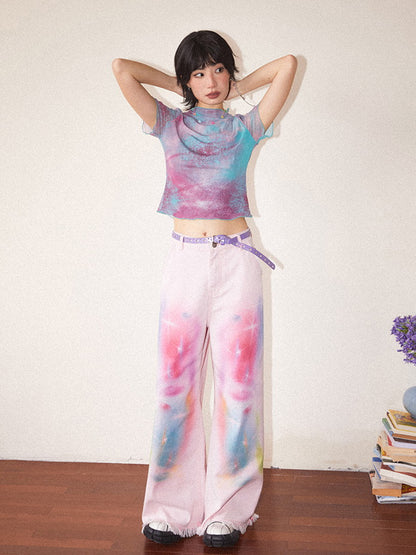 Tie-Dye Pale-Tone Damage Cotton-Candy Tassel Casual Straight Denim-Pants