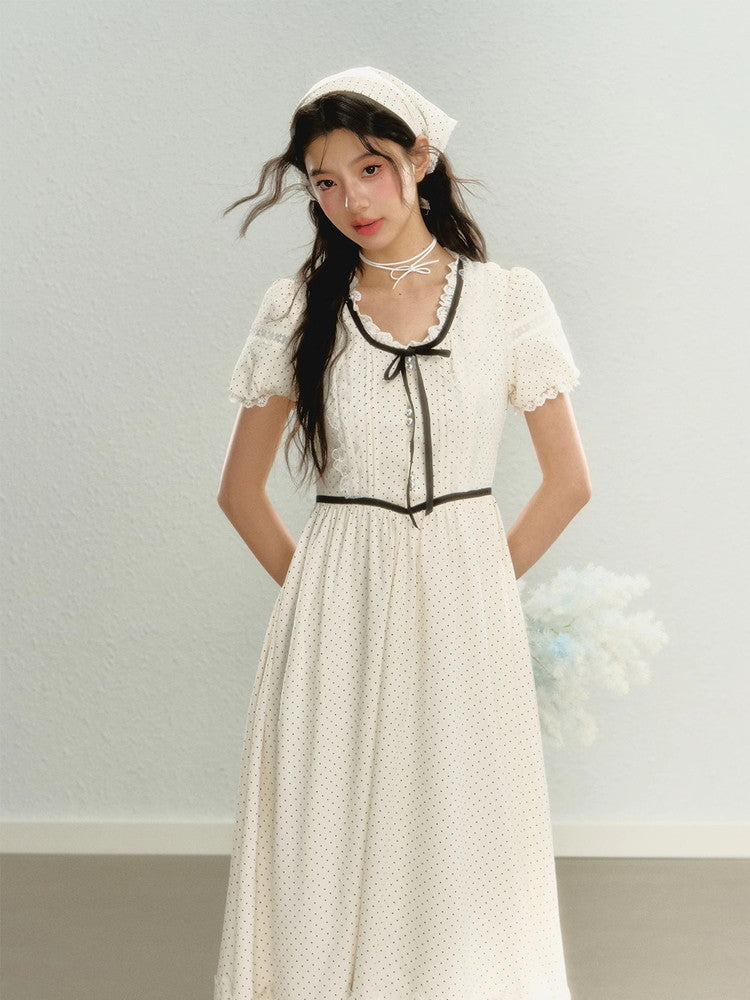 Girly Dot Lace Long Retro Ribbon Dress