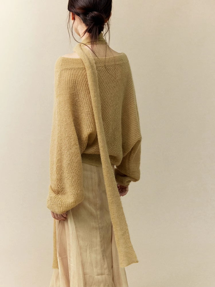 Long-Tie Fluffily Loose Off-Shoulder Classy Mohair-Knit