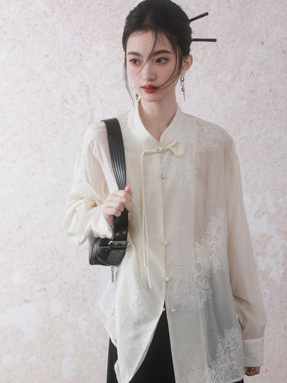 China Oversize See-Through Flower Embroidery Blouse